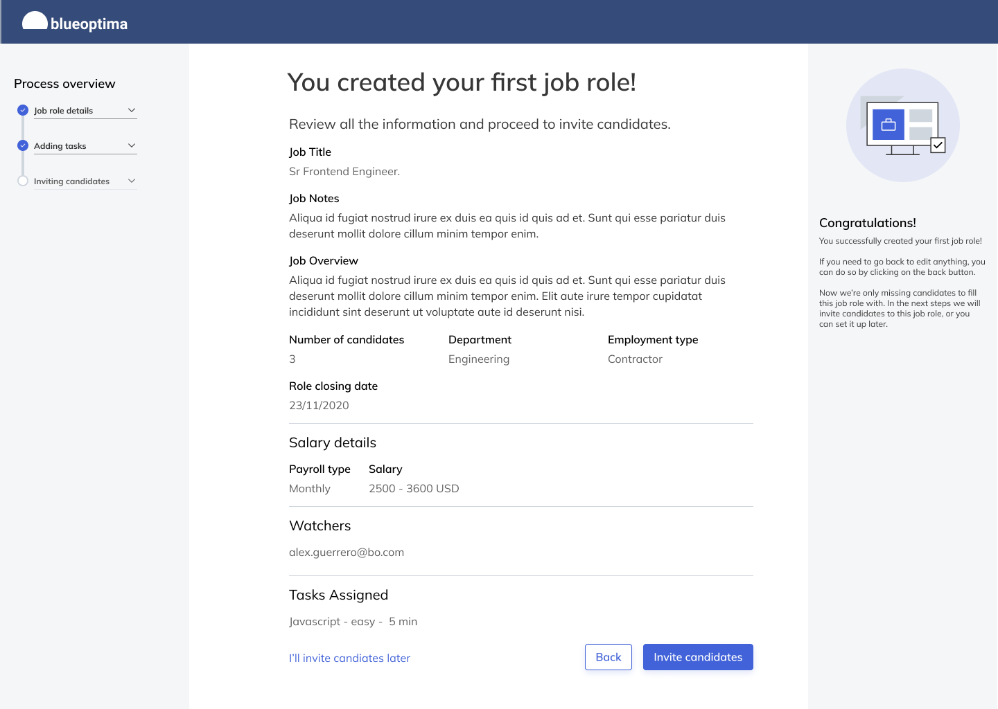 Completion screen confirming job role creation